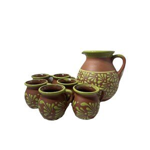 Terra Cotta Mexican Art Pottery Pitcher With 6 Cups Jarra Artesanal Mexicana NEW